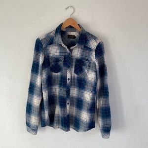 Ci Sono. Blue Plaid Long Sleeve Blouse.  Size L